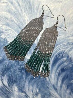 Handmade Silver & Teal Beaded Fringe Earrings - Women Jewelry